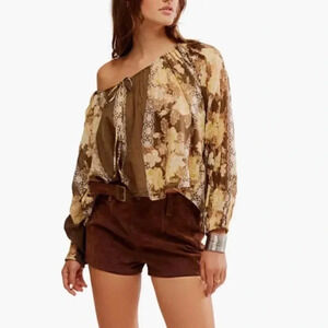 Free people Elena Floral Print Top cotton cocoa combo size small NWT